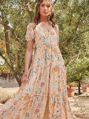 Sugarlips Cream Floral V-Neck Tiered Maxi Dress
